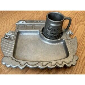 Vintage Pewter Noah’s Ark Mug & Plate Childs’s Dinnerware Set York Metal 1977